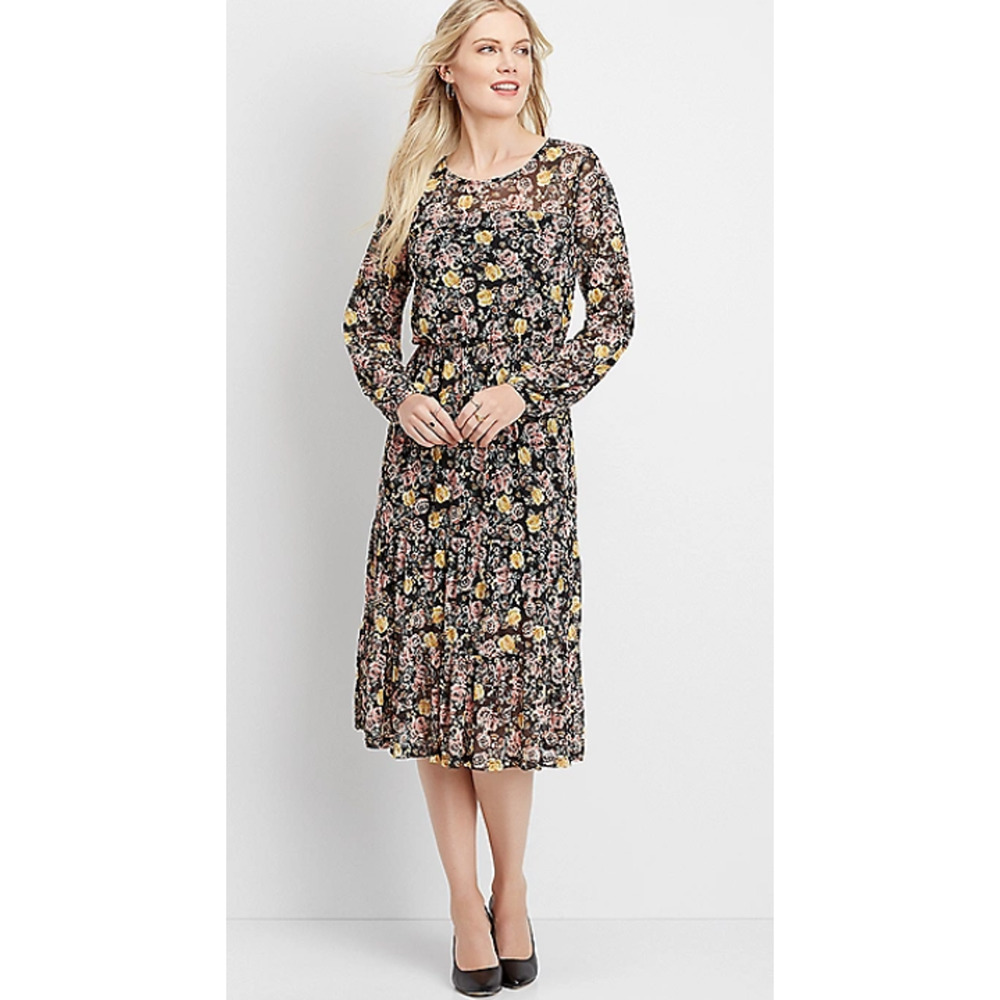 Maurices Floral Mesh Cottagecore Prairie Long Sleeve Midi Dress Womans Sz Medium
